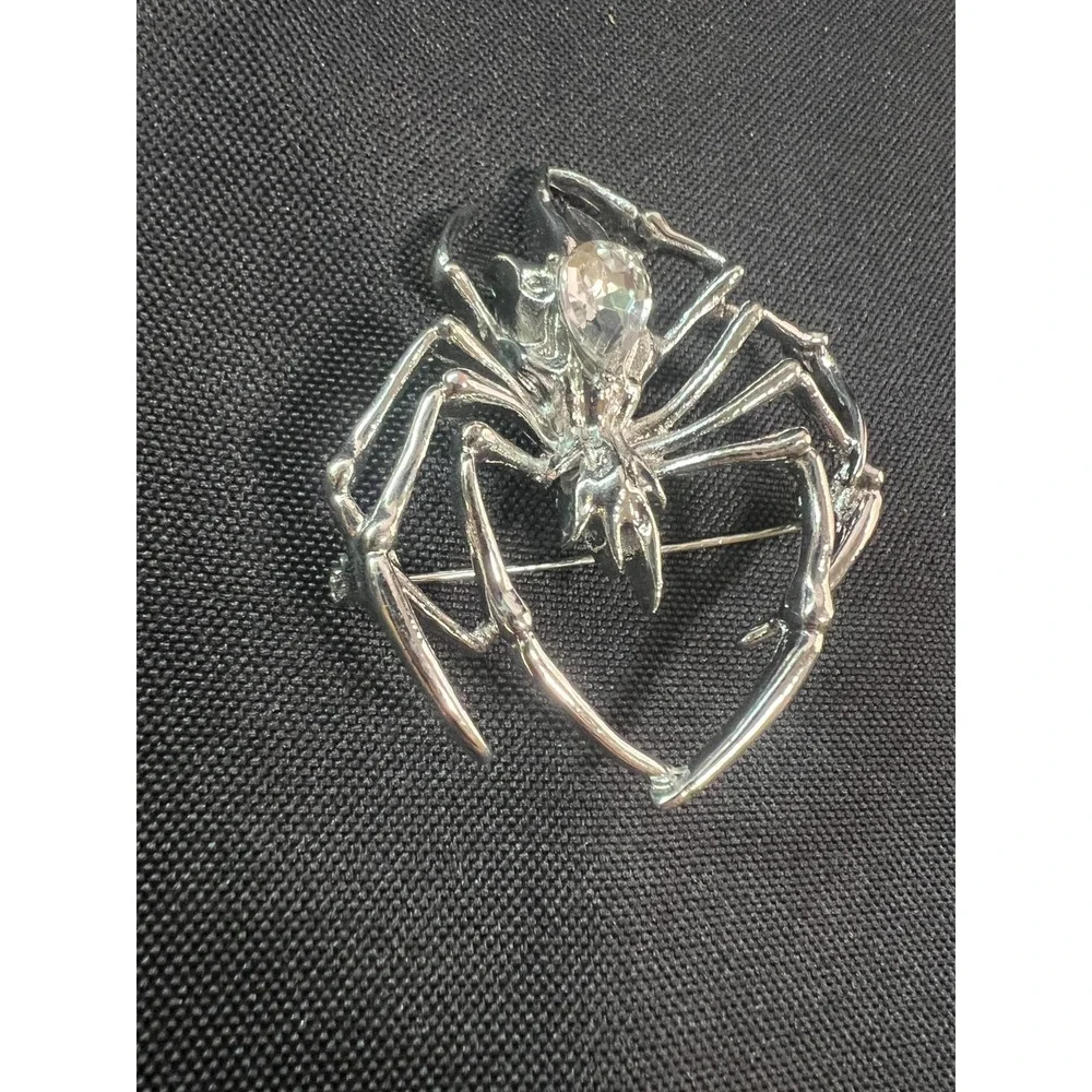 Large Silver‎ Tone Spider Brooch Clear Rhinestone Statement Halloween Gothic